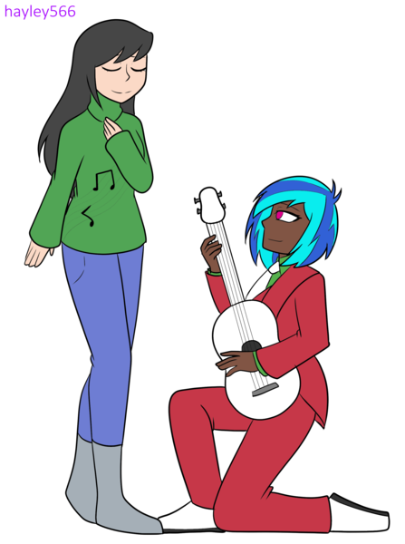 Size: 2131x2862 | Tagged: safe, artist:hayley566, artist:icicle-wicicle-1517, color edit, derpibooru import, edit, octavia melody, vinyl scratch, human, acoustic guitar, boots, christmas, clothes, coat, collaboration, colored, cute, dark skin, denim, duo, female, guitar, holiday, humanized, image, jeans, kneeling, lesbian, music notes, musical instrument, necktie, pants, png, scratchtavia, shipping, shirt, shoes, simple background, suit, sweater, tavibetes, transparent background, vest, vinylbetes