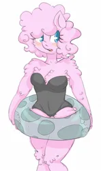 Size: 800x1350 | Tagged: safe, artist:grandifloru, derpibooru import, oc, oc:fluffle puff, unofficial characters only, anthro, earth pony, breasts, chest fluff, cleavage, clothes, female, image, inner tube, jpeg, one-piece swimsuit, pool toy, solo, swimsuit