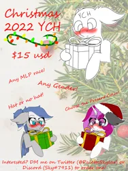 Size: 6000x8000 | Tagged: safe, artist:skylarpalette, derpibooru import, oc, oc:evening rain, oc:skylar palette, unofficial characters only, bat pony, earth pony, hippogriff, pegasus, pony, unicorn, any gender, any race, any species, bat pony oc, bat wings, blushing, christmas, commission, cute, female, fluffy, hat, holiday, horn, image, male, mare, png, present, santa hat, stallion, unicorn oc, wings, ych example, ych sketch, your character here
