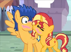Size: 931x680 | Tagged: safe, artist:starryc94, derpibooru import, flash sentry, sunset shimmer, blushing, female, flashimmer, image, kissing, male, png, shipping, straight