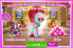 Size: 1959x1297 | Tagged: safe, derpibooru import, official, pacifica, pegasus, pony, advertisement, background character, background pony, brush, clothes, costs real money, english, female, folded wings, gameloft, gem, glasses, image, jewelry, jpeg, mannequin, mare, necklace, numbers, pants, sale, scissors, shirt, shoes, solo, solo focus, text, wig, wings