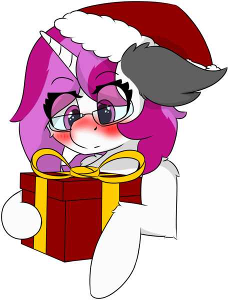 Size: 4406x5767 | Tagged: safe, artist:skylarpalette, derpibooru import, oc, oc:skylar palette, unofficial characters only, pony, unicorn, blushing, christmas, cute, female, floppy ears, fluffy, glasses, hat, holiday, horn, image, long mane, looking down, mare, png, present, santa hat, simple background, simple shading, surprised, transparent background, unicorn oc