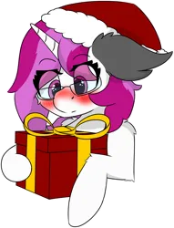 Size: 4406x5767 | Tagged: safe, artist:skylarpalette, derpibooru import, oc, oc:skylar palette, unofficial characters only, pony, unicorn, blushing, christmas, cute, female, floppy ears, fluffy, glasses, hat, holiday, horn, image, long mane, looking down, mare, png, present, santa hat, simple background, simple shading, surprised, transparent background, unicorn oc