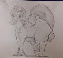 Size: 2517x2311 | Tagged: suggestive, artist:parumpi, derpibooru import, oc, oc:sea lilly, unofficial characters only, classical hippogriff, hippogriff, camera, commission, image, jewelry, jpeg, large butt, monochrome, necklace, one eye closed, sketch, the ass was fat, thighs, thunder thighs, wink