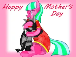 Size: 1200x900 | Tagged: safe, artist:darknazawrath, derpibooru import, oc, unofficial characters only, crystal pony, dragon, pony, abstract background, clothes, dragon oc, duo, female, hug, image, jpeg, mare, mother's day, non-pony oc