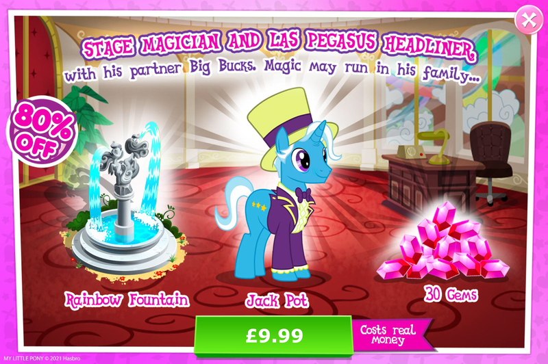 Size: 1957x1301 | Tagged: safe, derpibooru import, official, jack pot, pony, unicorn, advertisement, bowtie, clothes, costs real money, english, fountain, gameloft, gem, hat, horn, image, jpeg, male, numbers, sale, solo, solo focus, stallion, statue, text, top hat