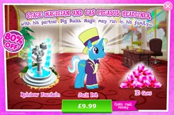 Size: 1957x1301 | Tagged: safe, derpibooru import, official, jack pot, pony, unicorn, advertisement, bowtie, clothes, costs real money, english, fountain, gameloft, gem, hat, horn, image, jpeg, male, numbers, sale, solo, solo focus, stallion, statue, text, top hat