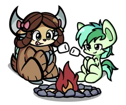 Size: 1640x1368 | Tagged: safe, artist:derp pone, derpibooru import, sandbar, yona, earth pony, pony, yak, chibi, cute, derpibooru exclusive, duo, duo male and female, earth, female, fire, food, holding, image, male, marshmallow, open mouth, png, shipping, simple background, sitting, straight, toasting marshmallows, yonabar