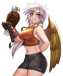 Size: 2800x3400 | Tagged: safe, artist:tzc, derpibooru import, gilda, bald eagle, bird, eagle, human, anime, arm behind back, belly button, big breasts, blushing, breasts, busty gilda, clothes, falconry, female, gauntlet, gildonk, gloves, humanized, image, long hair, looking at you, perching, png, shorts, simple background, smiling, smiling at you, solo, sports bra, spread wings, thighs, thunder thighs, white background, winged humanization, wings