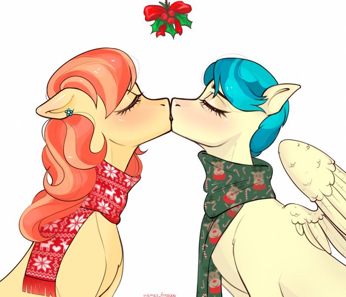 Size: 2100x1800 | Tagged: safe, artist:memes_froggay, derpibooru import, aunt holiday, auntie lofty, earth pony, pegasus, pony, canon ship, christmas, clothes, commission, duo, eyes closed, female, holiday, holly, holly mistaken for mistletoe, image, kissing, lesbian, lesbian couple, lofty day, png, scarf, shipping, simple background, white background, ych result
