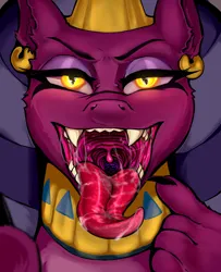 Size: 3000x3700 | Tagged: suggestive, artist:peachlee, derpibooru import, sphinx (character), sphinx, drool, eyeliner, fangs, glow, glowing eyes, image, jewelry, long tongue, makeup, mawshot, open mouth, png, tongue out, vore