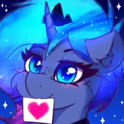 Size: 1494x1498 | Tagged: safe, artist:legionsunite, derpibooru import, princess luna, alicorn, blushing, bust, crown, ethereal mane, freckles, galaxy mane, heart, image, jewelry, png, regalia, sign, stars