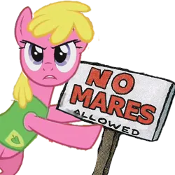 Size: 412x412 | Tagged: safe, cherry berry, earth pony, pony, angry, female, image, looking at you, mare, no fun allowed, no mares allowed, png, pointing, reference, sign, simple background, solo, transparent background, winter wrap up vest