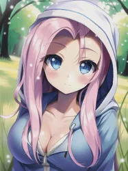 Size: 512x683 | Tagged: safe, derpibooru import, machine learning generated, novelai, stable diffusion, fluttershy, human, beautiful, big breasts, breasts, bust, busty fluttershy, forest, forest background, humanized, image, jpeg, looking at you, tree