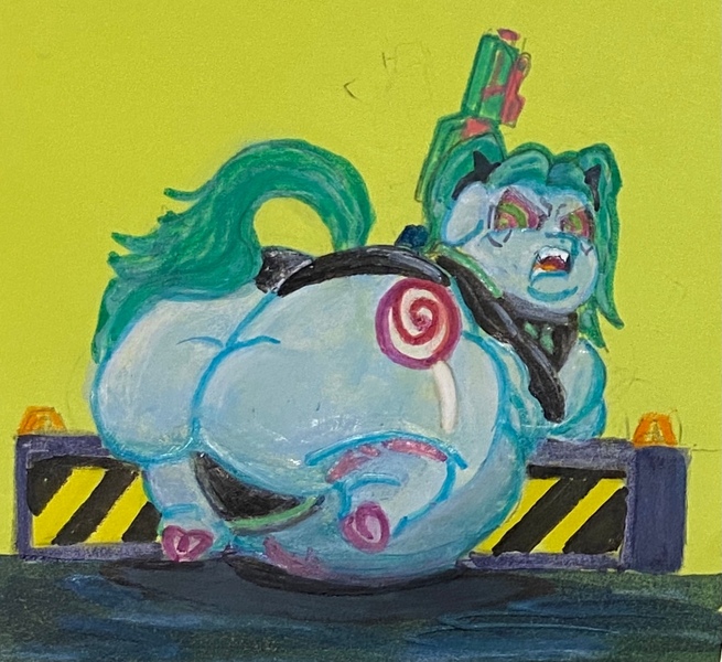 Size: 1171x1073 | Tagged: questionable, artist:white-eyed vireo, derpibooru import, ponified, pony, belly, big belly, butt, cyberpunk, fat, fat fetish, female, fetish, gun, huge belly, huge butt, image, impossibly large belly, impossibly large butt, jpeg, large butt, obese, open mouth, simple background, solo, stuck, weapon