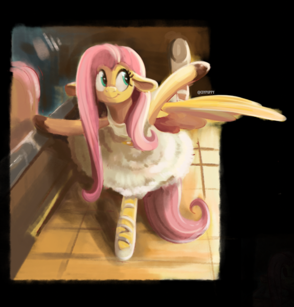 Size: 813x849 | Tagged: safe, artist:coypuppy, artist:edgar degas, derpibooru import, fluttershy, pegasus, pony, ballerina, black background, colored hooves, cute, female, fine art parody, g4, image, png, shyabetes, signature, simple background