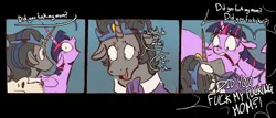 Size: 1886x810 | Tagged: safe, artist:coypuppy, derpibooru import, idw, king sombra, twilight sparkle, pony, unicorn, reflections, spoiler:comic, 3 panel comic, comic, dialogue, duo, good king sombra, image, implied shipping, png, text, vulgar