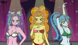 Size: 2887x1660 | Tagged: suggestive, alternate version, artist:banquo0, derpibooru import, adagio dazzle, aria blaze, sonata dusk, equestria girls, bare shoulders, belly button, bikini, breasts, busty aria blaze, busty sonata dusk, cleavage, clothes, derpibooru exclusive, female, frown, image, pigtails, png, ponytail, raised arm, sleeveless, small breasts, smiling, stage, swimsuit, the dazzlings, trio, twintails