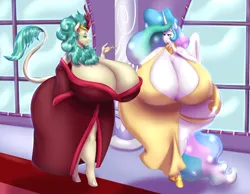 Size: 2958x2292 | Tagged: suggestive, artist:blues64, artist:marauder6272, derpibooru import, princess celestia, rain shine, anthro, absolute cleavage, big breasts, breasts, busty princess celestia, busty rain shine, cleavage, clothes, huge breasts, hyper, hyper breasts, image, impossibly large breasts, png, robe, wide hips