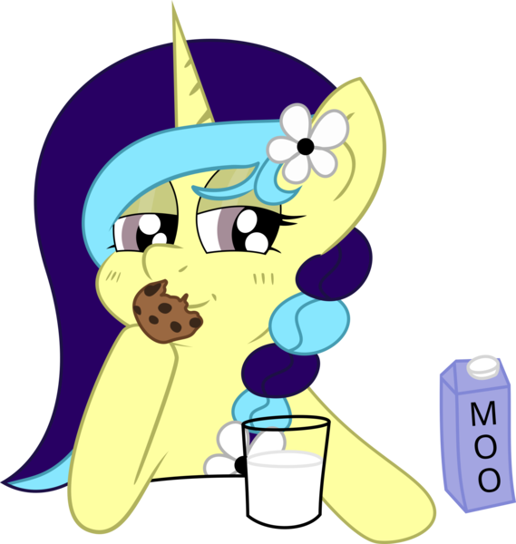 Size: 1942x2048 | Tagged: safe, artist:pingmader, derpibooru import, oc, oc:cinnamon string, unofficial characters only, pony, unicorn, bedroom eyes, braid, cookie, eating, female, flower, flower in hair, food, glass, glass of milk, horn, image, mare, milk, png, ponysona, simple background, solo, transparent background, two toned mane, unicorn oc