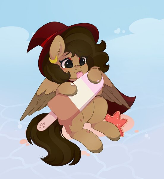 Size: 2868x3120 | Tagged: safe, artist:yomechka, derpibooru import, oc, oc:hazelnut brew, unofficial characters only, pegasus, :3, commission, ear piercing, earring, eyeshadow, food, hat, ice cream, image, jewelry, jpeg, licking, makeup, pegasus oc, piercing, popsicle, there are no thoughts between those eyes, tongue out, water, wings, witch, witch hat, ych result