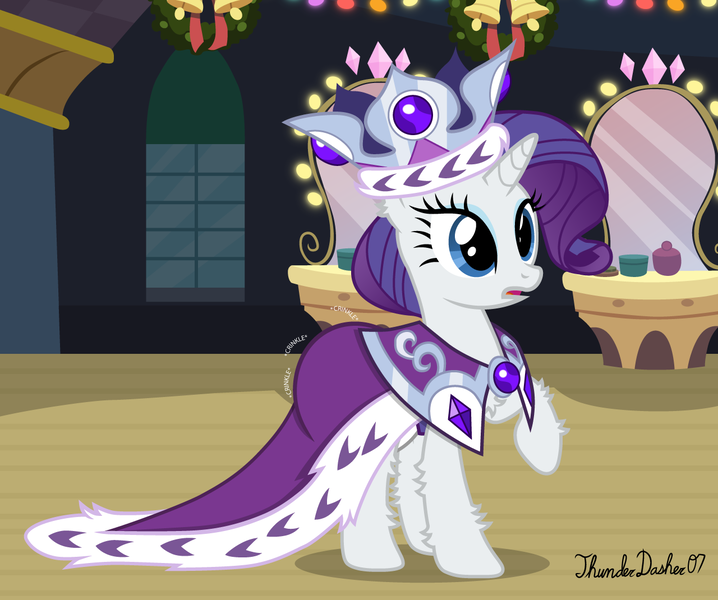 Size: 1280x1070 | Tagged: questionable, artist:thunderdasher07, derpibooru import, princess platinum, rarity, pony, unicorn, hearth's warming eve (episode), backstage, bell, clothes, costume, crown, decoration, diaper, diaper fetish, dress, fetish, hearth's warming eve, image, jewelry, mirror, non-baby in diaper, png, regalia, solo, wreath