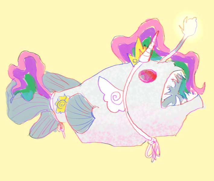 Size: 1280x1083 | Tagged: safe, artist:liustranapolu, derpibooru import, princess celestia, angler fish, fish, fishified, image, png, simple background, solo, species swap, yellow background