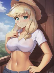 Size: 512x683 | Tagged: suggestive, derpibooru import, machine learning generated, novelai, stable diffusion, applejack, human, equestria girls, beautiful, belly button, breasts, busty applejack, clothes, female, humanized, image, jpeg, looking at you, midriff, sexy, solo, solo female, tight clothing, white shirt