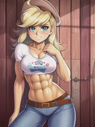 Size: 512x683 | Tagged: suggestive, derpibooru import, machine learning generated, novelai, stable diffusion, applejack, abs, applejacked, beautiful, breasts, busty applejack, clothes, denim, image, jeans, jpeg, midriff, muscles, pants, sexy, tight clothing, white shirt, wood