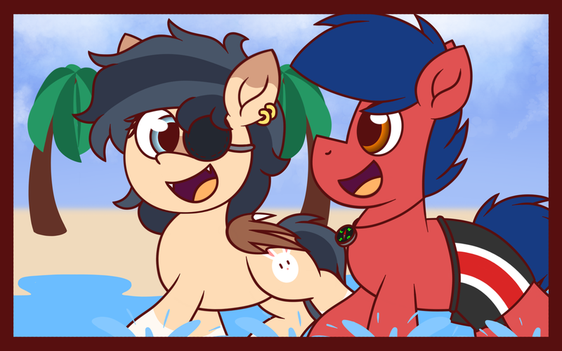 Size: 1920x1200 | Tagged: safe, artist:thebadbadger, derpibooru import, oc, oc:lunxeri, oc:phire demon, unofficial characters only, bat pony, pony, beach, clothes, image, png, swimsuit