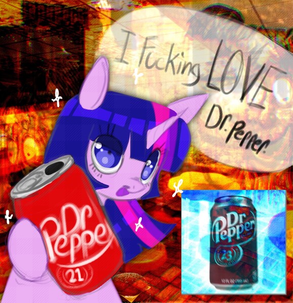 Size: 1879x1948 | Tagged: safe, artist:ombnom, derpibooru import, twilight sparkle, pony, unicorn, dr pepper, drink, image, jpeg, looking at you, mcdonald's, orange background, simple background, soda, soda can, solo, swearing, talking, talking to viewer, vulgar