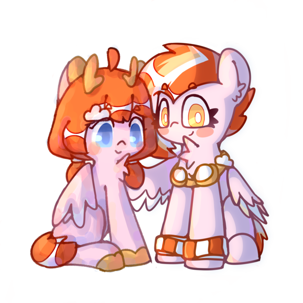 Size: 3543x3543 | Tagged: safe, artist:cro, derpibooru import, oc, oc:cloudling orangedrop, unofficial characters only, pegasus, pony, derpibooru community collaboration, 2023 community collab, chest fluff, duo, goggles, image, looking at you, png, sitting, smiling