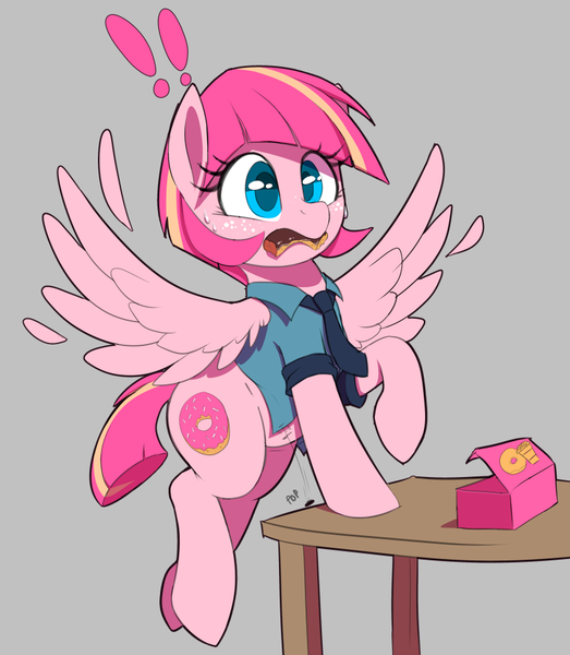 Size: 815x935 | Tagged: safe, artist:thebatfang, derpibooru import, oc, oc:sweet serving, pegasus, pony, belly button, box, button popping, clothes, donut, eating, exclamation point, feather, flying, food, freckles, image, necktie, pegasus oc, png, police officer, police uniform, shirt, solo, table, wings