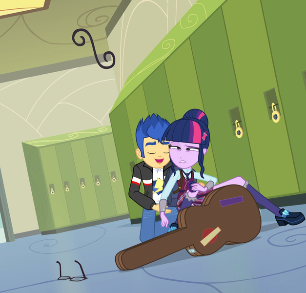 Size: 1839x1761 | Tagged: safe, composite screencap, derpibooru import, edit, edited screencap, screencap, flash sentry, sci-twi, twilight sparkle, equestria girls, friendship games, clothes, crystal prep academy uniform, guitar case, hair bun, image, lockers, magic capture device, missing accessory, png, school uniform, shirt, shoes, skirt, socks