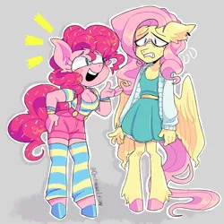 Size: 1280x1280 | Tagged: safe, artist:clockwiseleon, derpibooru import, fluttershy, pinkie pie, anthro, earth pony, pegasus, pony, unguligrade anthro, breast envy, breasts, busty pinkie pie, cleavage, clothes, colored hooves, dress, duo, emanata, female, gray background, image, leg warmers, mare, overalls, png, simple background, sweat