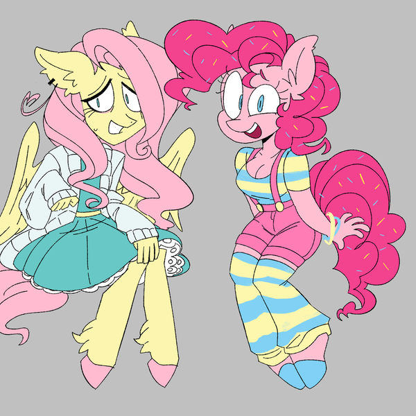 Size: 1280x1280 | Tagged: safe, artist:clockwiseleon, derpibooru import, fluttershy, pinkie pie, anthro, earth pony, pegasus, pony, unguligrade anthro, breasts, busty pinkie pie, cleavage, clothes, dress, duo, female, gray background, image, leg warmers, looking at you, mare, png, shirt, shorts, simple background, smiling, smiling at you, striped shirt, suspenders