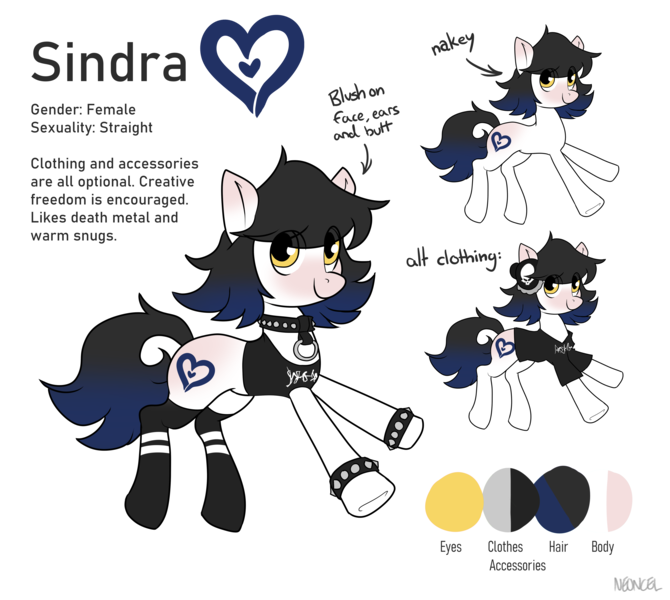 Size: 5587x5000 | Tagged: safe, artist:neoncel, derpibooru import, oc, oc:sindra, earth pony, pony, bracelet, choker, clothes, image, png, reference sheet, shirt, socks, spiked choker, spiked wristband, t-shirt, wristband