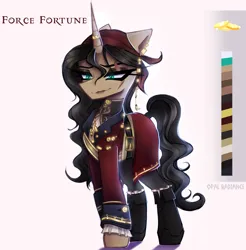 Size: 2800x2840 | Tagged: safe, artist:opal_radiance, derpibooru import, oc, oc:force fortune, pony, unicorn, adoptable, auction, belt, boots, clothes, ear piercing, eye scar, eyeshadow, horn, horn ring, image, jewelry, makeup, piercing, pirate, pirate outfit, png, ring, scar, shoes, solo, uniform