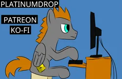 Size: 2551x1639 | Tagged: safe, artist:platinumdrop, derpibooru import, oc, oc:platinumdrop, unofficial characters only, pegasus, :|, advertisement, advertisement in description, computer, image, keyboard, ko-fi, patreon, pegasus oc, png, simple background, sitting, solo, wings