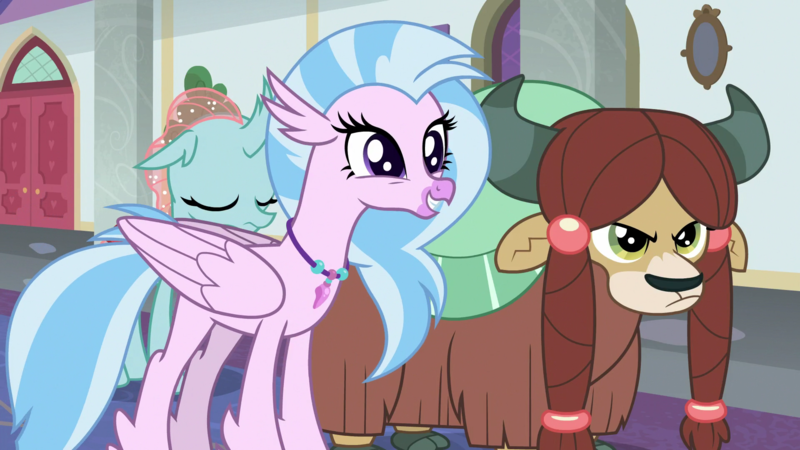Size: 1920x1080 | Tagged: safe, derpibooru import, screencap, ocellus, silverstream, yona, changedling, changeling, hippogriff, yak, school daze, season 8, spoiler:s08, 1080p, angry, cloven hooves, cute, diastreamies, eyes closed, female, floppy ears, friendship student, image, jewelry, madorable, necklace, png, trio, trio female, varying degrees of amusement, varying degrees of want, yonadorable