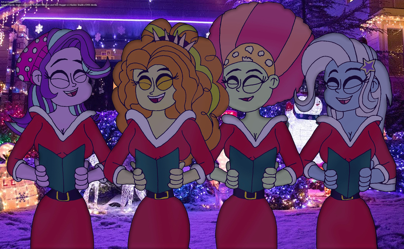 Size: 3000x1850 | Tagged: safe, artist:rdj1995, derpibooru import, adagio dazzle, starlight glimmer, tree hugger, trixie, equestria girls, afro, caroling, christmas, clothes, costume, eyes closed, holiday, image, jpeg, santa costume