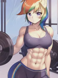Size: 512x683 | Tagged: suggestive, derpibooru import, machine learning generated, novelai, stable diffusion, dumbbell, rainbow dash, human, abs, breasts, bust, busty rainbow dash, clothes, gym, gym uniform, humanized, image, jpeg, sexy, stupid sexy rainbow dash