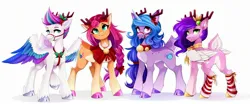 Size: 2560x1067 | Tagged: safe, artist:buvanybu, derpibooru import, izzy moonbow, pipp petals, sunny starscout, zipp storm, deer, deer pony, original species, peryton, pony, reindeer, unicorn, adorapipp, antlers, aside glance, bell, bell collar, bridle, butt, clothes, cloven hooves, collar, colored ear fluff, colored hooves, cute, deer tail, deerified, doe, ear fluff, elbow fluff, female, folded wings, g5, gold hooves, gradient background, halter, head turned, high res, hock fluff, hooves, image, jpeg, leg warmers, long mane, looking at you, looking back, looking back at you, mare, neck ribbon, open mouth, open smile, pale belly, pipp butt, plot, raised leg, reindeer antlers, reindeerified, sideways glance, simple background, slim, smiling, smiling at you, species swap, spread wings, standing, striped leg warmers, sunnybetes, tack, tail, tongue out, unshorn fetlocks, white background, wings