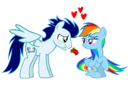 Size: 3464x2426 | Tagged: safe, artist:mlplary6, derpibooru import, rainbow dash, soarin', pegasus, pony, blushing, female, flower, heart, image, looking at each other, looking at someone, male, mare, png, rose, shipping, simple background, sitting, smiling, smiling at each other, soarindash, stallion, straight, transparent background, vector