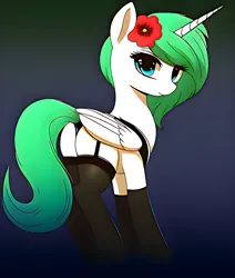 Size: 1408x1664 | Tagged: suggestive, derpibooru import, machine learning generated, stable diffusion, oc, oc:princess margarita, alicorn, pony, alicorn oc, clothes, female, flower, flower in hair, horn, image, looking at you, mare, panties, png, socks, solo, solo female, stockings, thigh highs, thong, underwear, wings