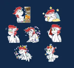 Size: 2114x1949 | Tagged: safe, artist:rutkotka, derpibooru import, oc, oc:swift apex, unofficial characters only, pegasus, pony, blushing, commission, confetti, customized toy, cute, flustered, food, hat, image, male, meme, nervous, party, party hat, png, simple background, sleepy, smiling, solo, stallion, stallion oc, sticker, sweat, toy, ych result, your character here