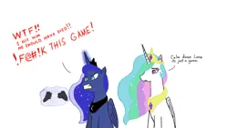 Size: 1136x640 | Tagged: safe, artist:nismorose, derpibooru import, princess celestia, princess luna, alicorn, pony, gamer luna, angry, angry eyes, broken, controller, crown, done with your shit, ethereal mane, female, glow, glowing horn, horn, image, jewelry, levitation, magic, mare, png, rage, rage quit, regalia, simple background, sitting, sparkly mane, speech, talking, telekinesis, text, white background, wings