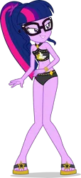 Size: 2110x4627 | Tagged: safe, alternate version, artist:dustinwatsongkx, derpibooru import, sci-twi, twilight sparkle, human, equestria girls, equestria girls series, accessory swap, bare shoulders, bikini, bikini bottom, clothes, clothes swap, feet, female, glasses, image, missing accessory, no glasses, png, sandals, simple background, sleeveless, solo, sunset shimmer swimsuit, sunset shimmer's beach shorts swimsuit, swimsuit, swimsuit swap, transparent background, vector