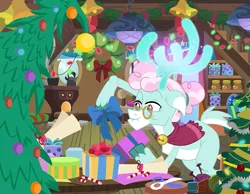 Size: 1161x900 | Tagged: safe, artist:pixelkitties, derpibooru import, aurora the reindeer, deer, reindeer, antlers, bow, candy, candy cane, christmas, christmas lights, christmas presents, christmas tree, clothes, food, glasses, holiday, image, png, present, round glasses, scarf, scissors, solo, tree, wreath, yarn, yarn ball