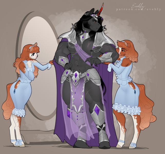 Size: 1000x933 | Tagged: safe, artist:evehly, derpibooru import, king sombra, oc, oc:marigold, oc:marigold (evehly), oc:mirabelle, anthro, earth pony, unguligrade anthro, unicorn, abs, armor, cape, clothes, coat markings, dappled, dress, dressing, earth pony oc, image, loincloth, male, male nipples, mirror, muscles, muscular male, nipples, nudity, png, sewing, tailor, unconvincing armor, unshorn fetlocks